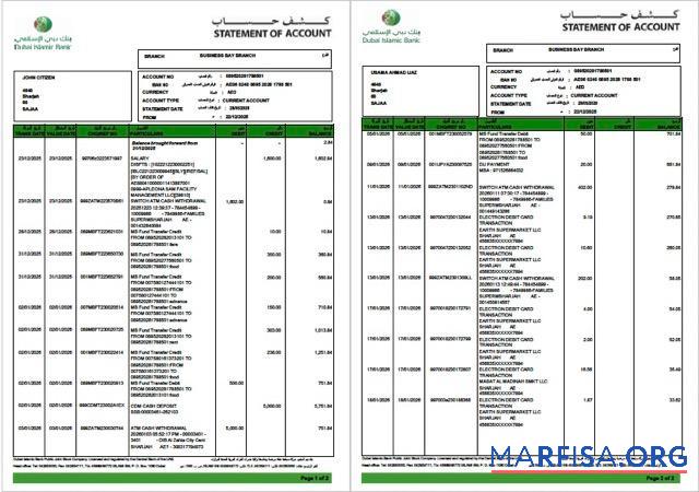 Realistic UAE Dubai Islamic bank statement of account word 2 pages sample
